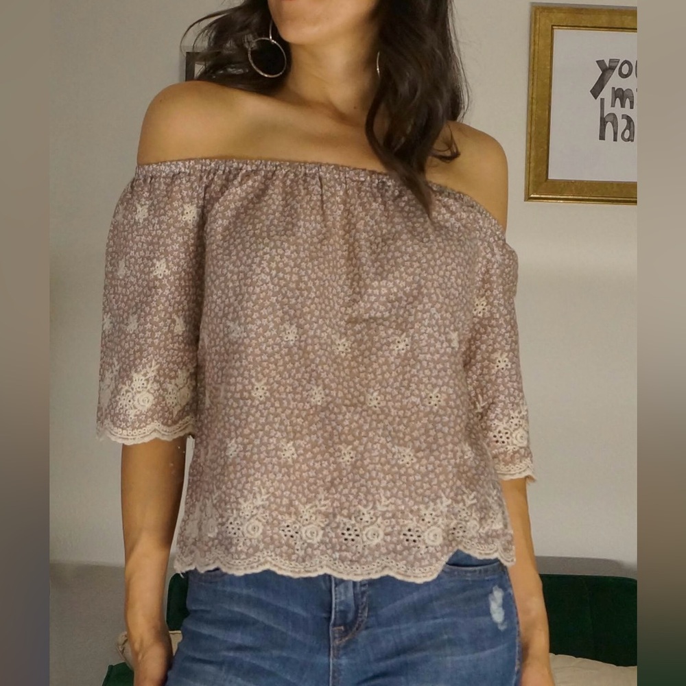 Taupe floral embroidered cotton Off the shoulder top Size M